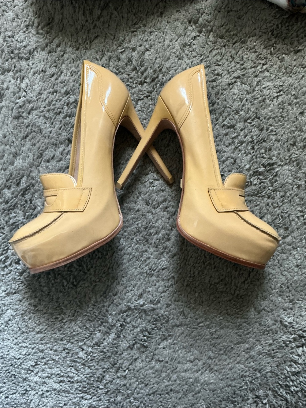Patent Leather Platform Pumps in Beige